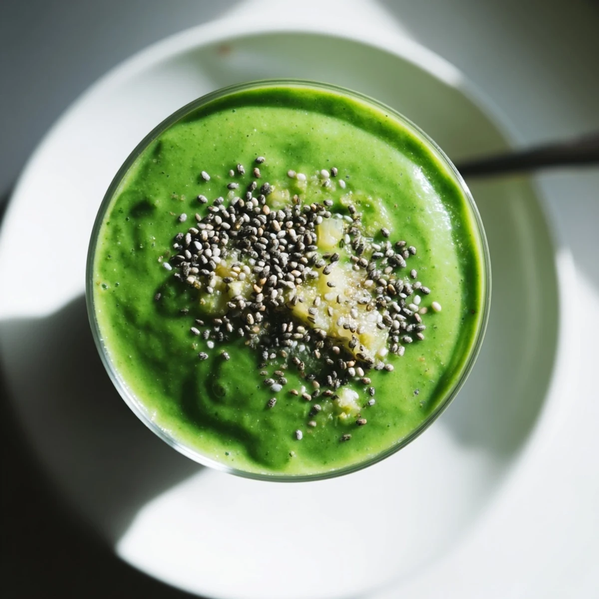 Vibrant green smoothie with kale and pineapple in a clear glass, topped with fresh pineapple chunks and a sprinkle of chia seeds for texture.