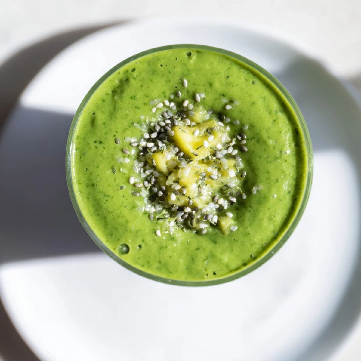 A tall glass of kale and pineapple smoothie beside sliced banana and fresh kale leaves, illustrating a quick, healthy vegan breakfast option.