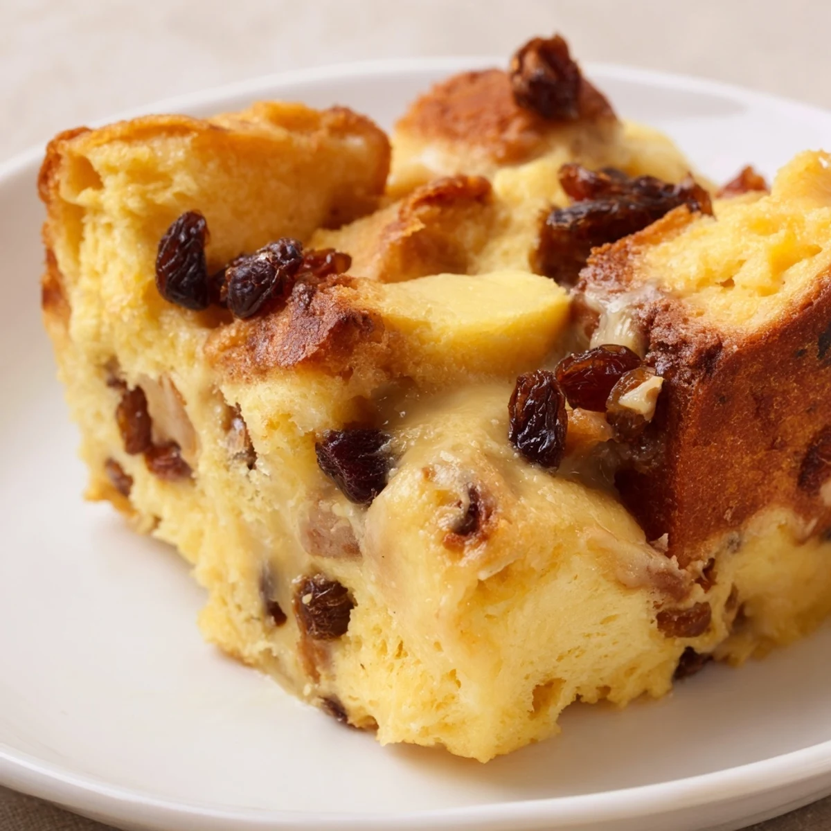 A close-up view of freshly baked Bread Pudding with Raisins, featuring golden-brown bread cubes and plump raisins.