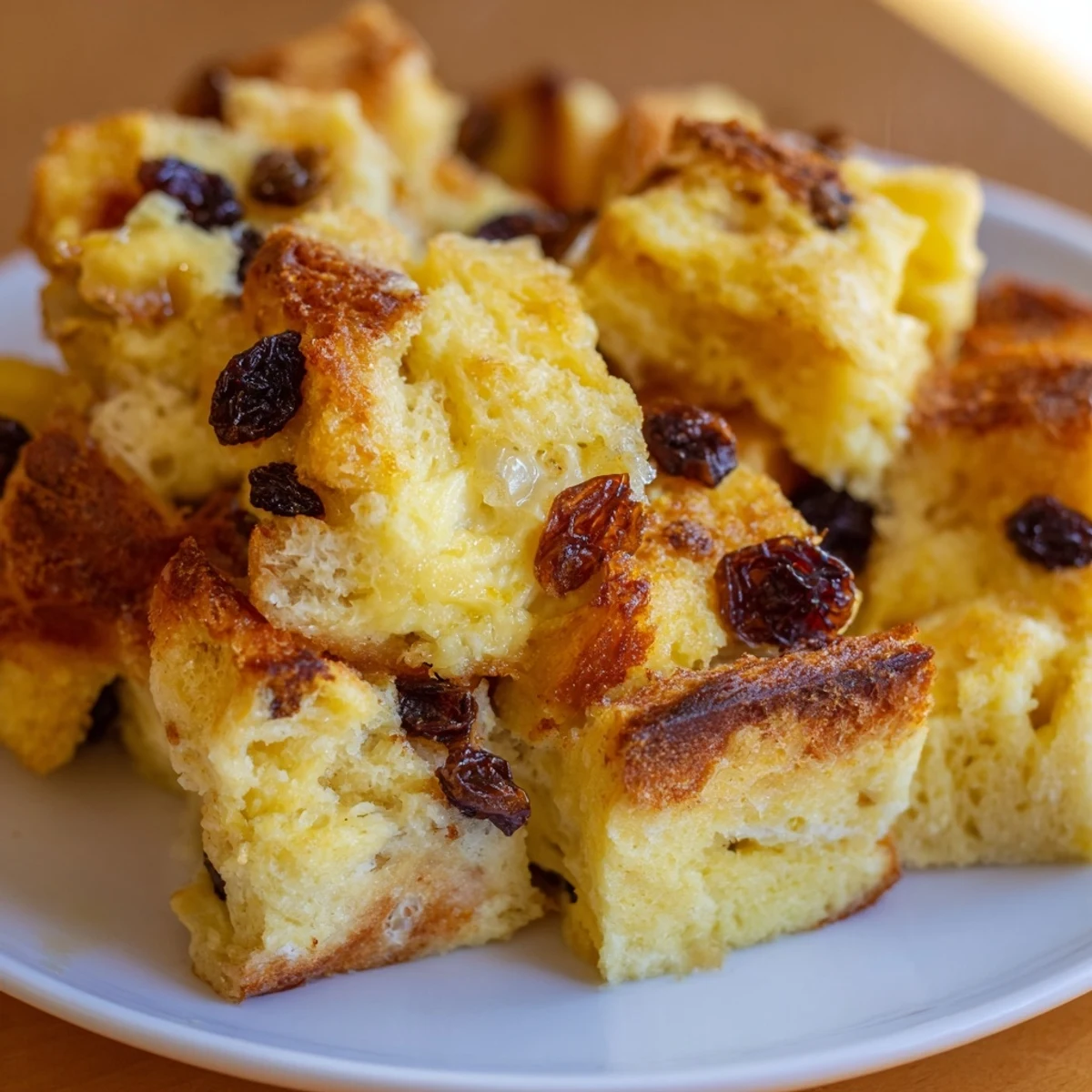 Classic homemade Bread Pudding with Raisins cooling on a wire rack, ready to be served with a spoon.