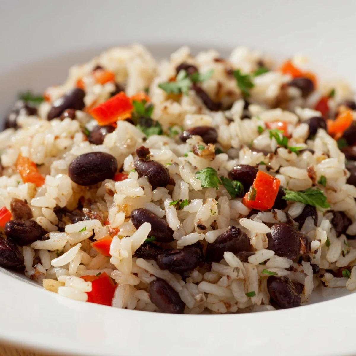 Steaming bowl of Rice and Beans with Spices, featuring tender black beans and diced red bell pepper.