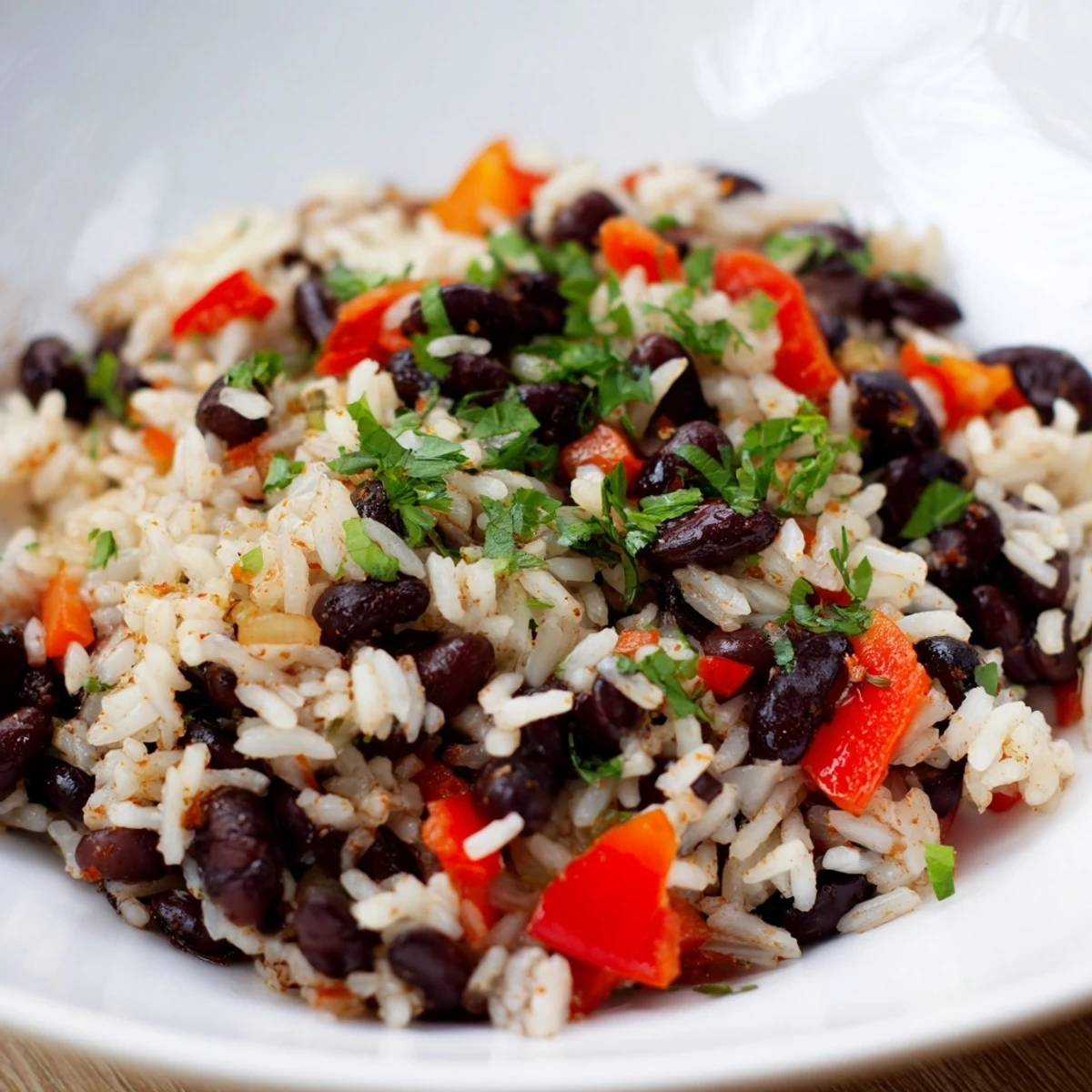 Skillet of colorful Rice and Beans with Spices served alongside creamy avocado slices and fresh lime.