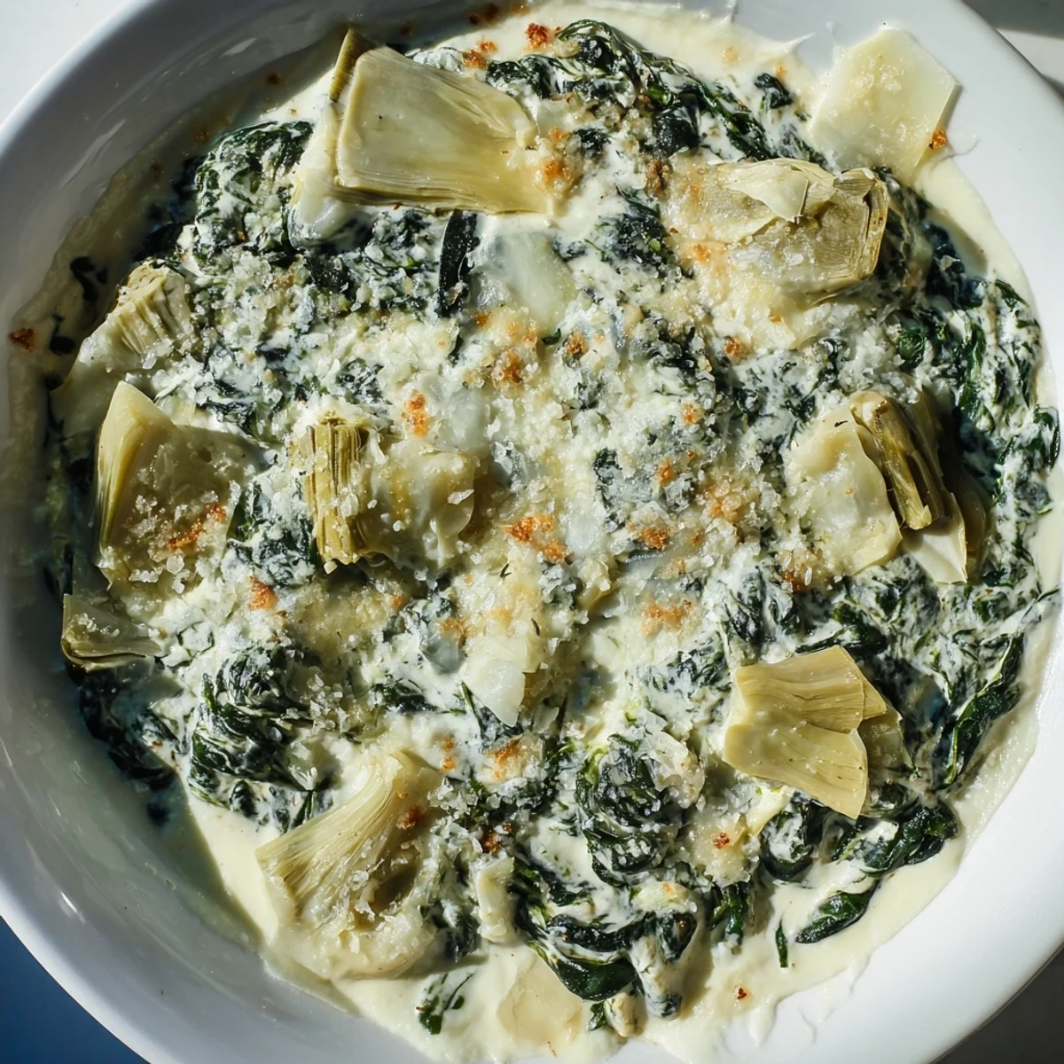 Creamy baked spinach dip with artichokes and cheese in a white dish, served with crusty bread and fresh veggies.  