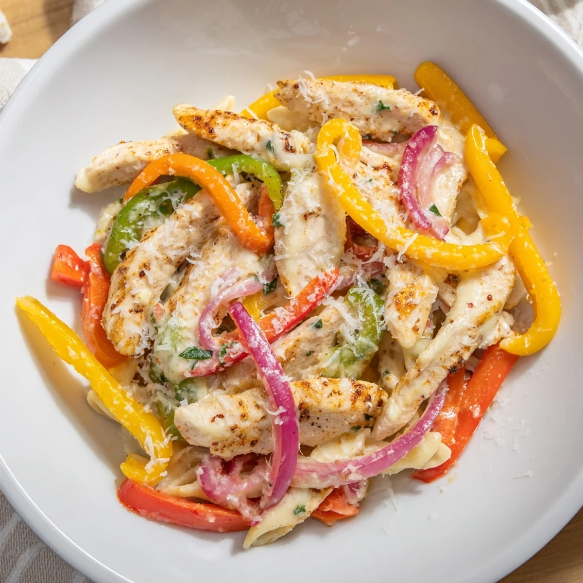 Creamy Cajun Chicken Pasta with Peppers served hot in a skillet with fresh parsley garnish.