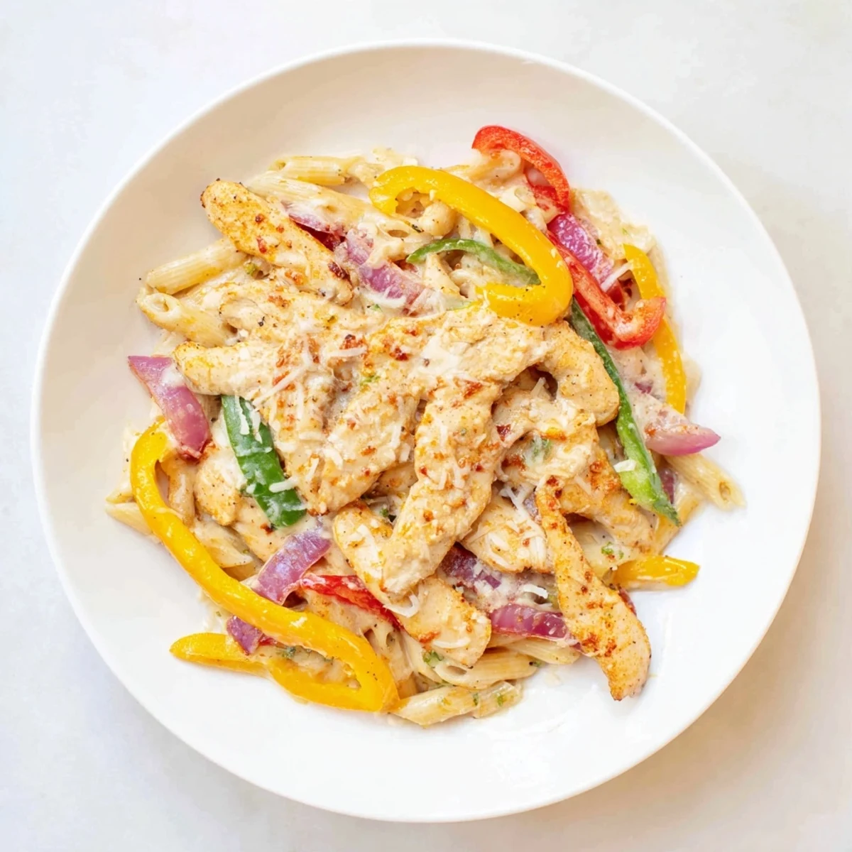 Close-up of juicy chicken strips and colorful peppers in Cajun Chicken Pasta with Peppers, ready to serve.