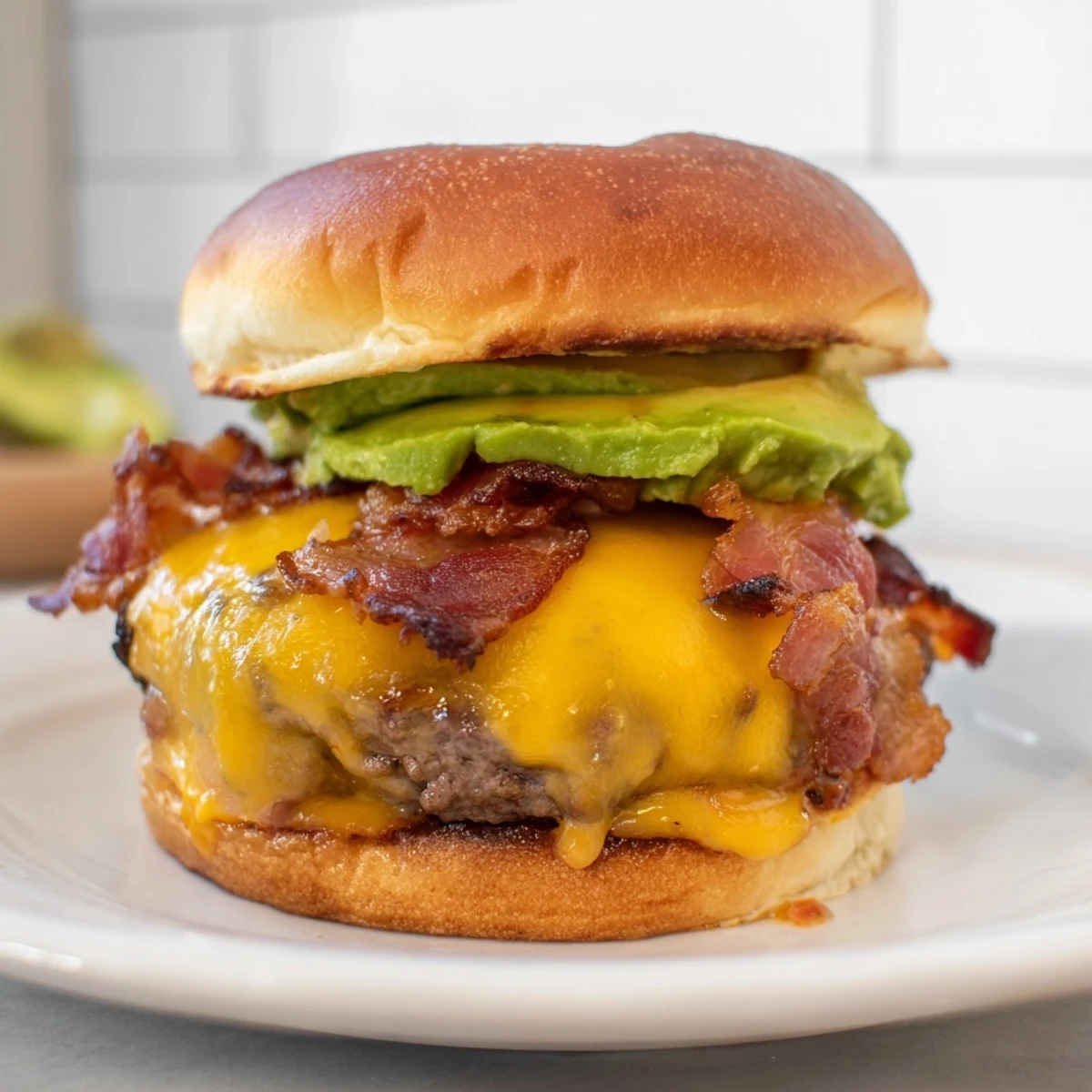 A plated Beef Burger with Avocado and Bacon with melted cheddar and crispy bacon on a toasted bun.