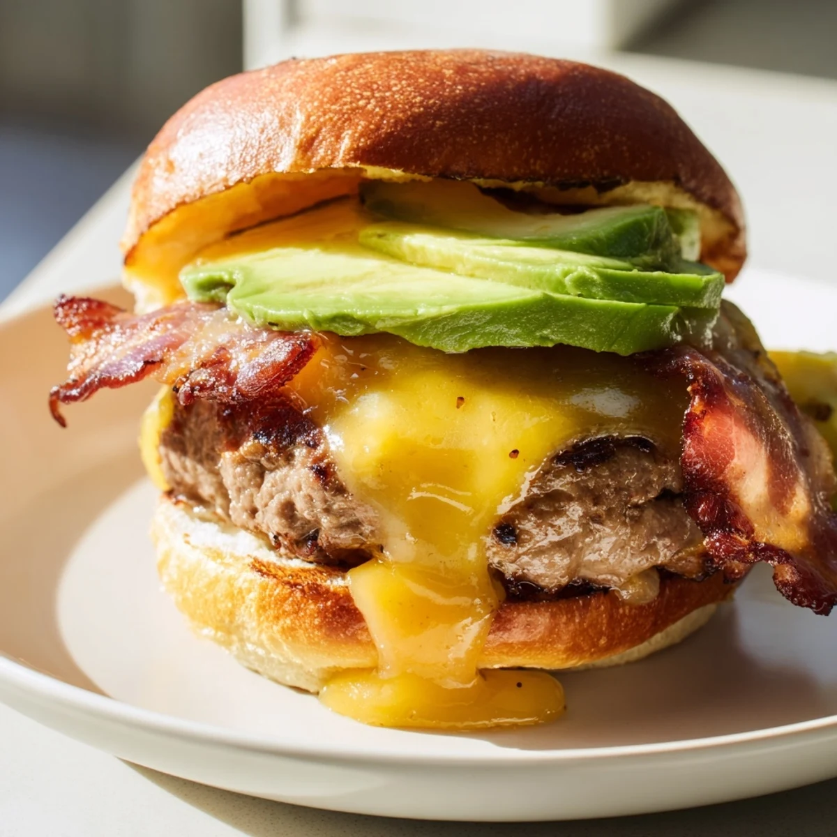 Hand assembling a Beef Burger with Avocado and Bacon adding bacon and avocado to a grilled patty.