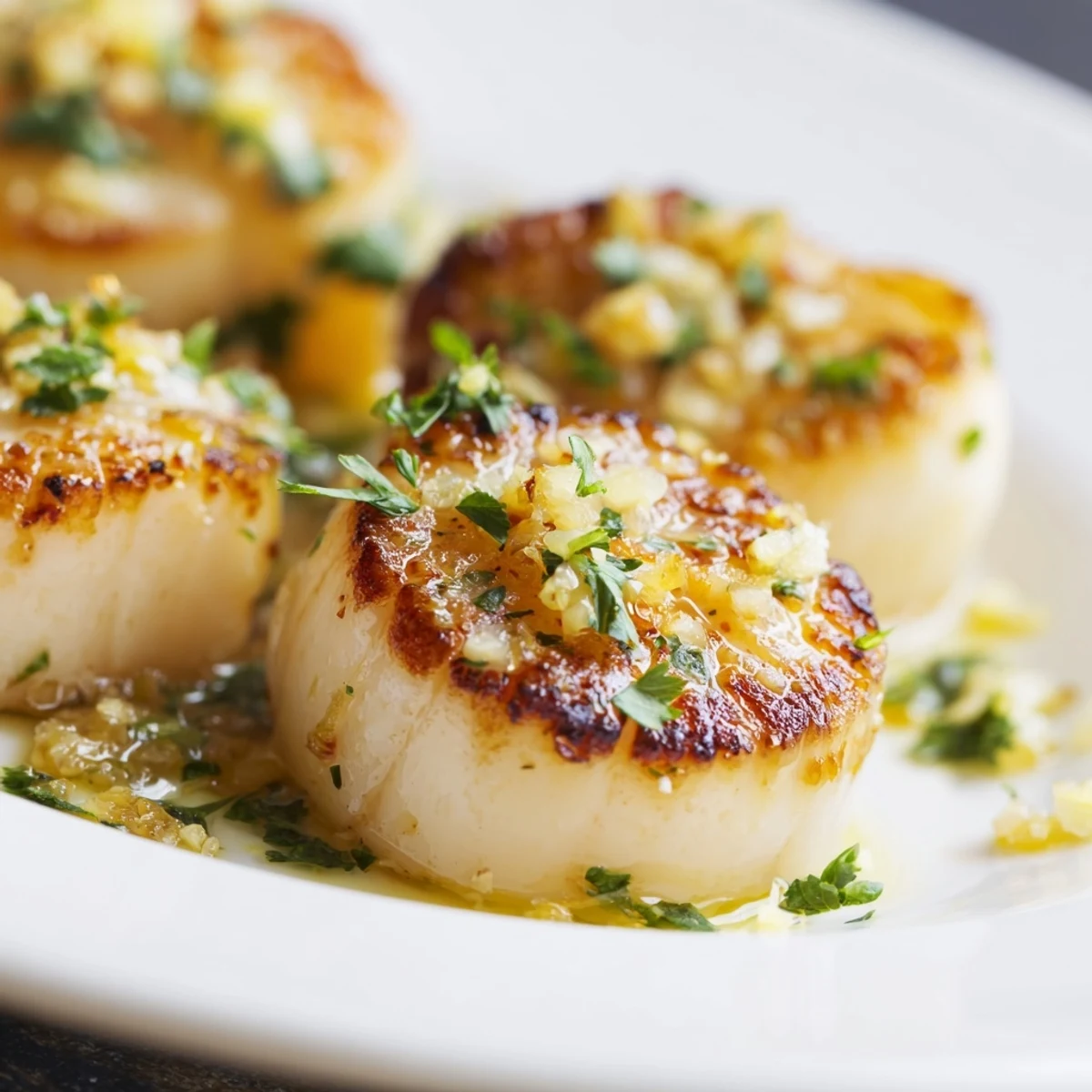 Golden-seared Lemon Garlic Scallops glistening in a bright butter sauce served over creamy risotto.
