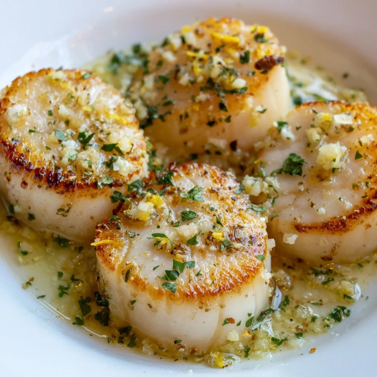 Succulent Lemon Garlic Scallops plated with lemon wedges, drizzled with zesty garlic butter sauce.