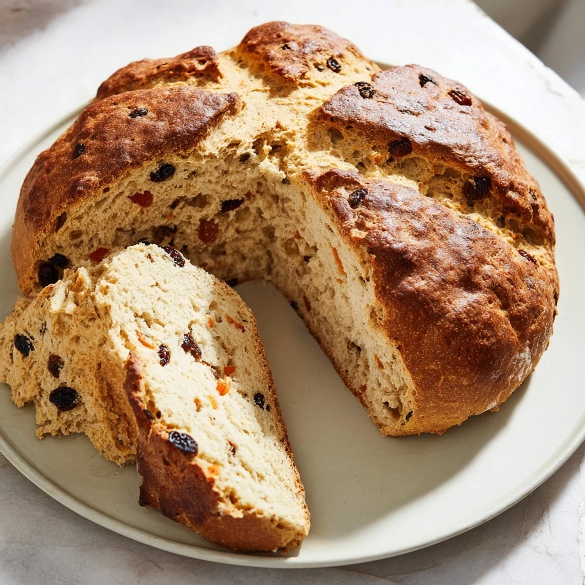 Freshly baked Irish Soda Bread with Caraway on a wooden board, showcasing its golden crust and tender crumb speckled with aromatic seeds.
