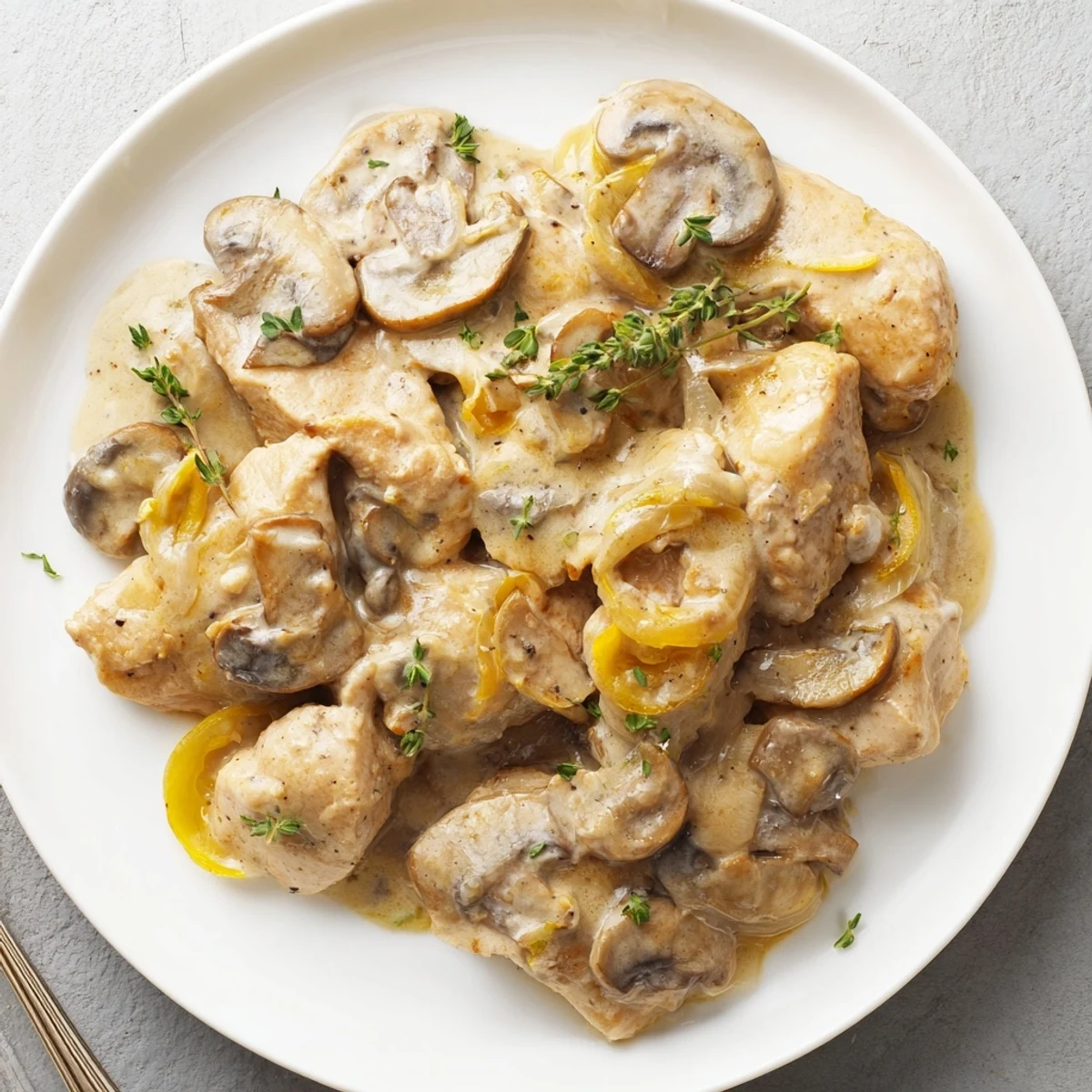 Golden-brown chicken breasts in a rich, creamy mushroom skillet garnished with fresh parsley.
