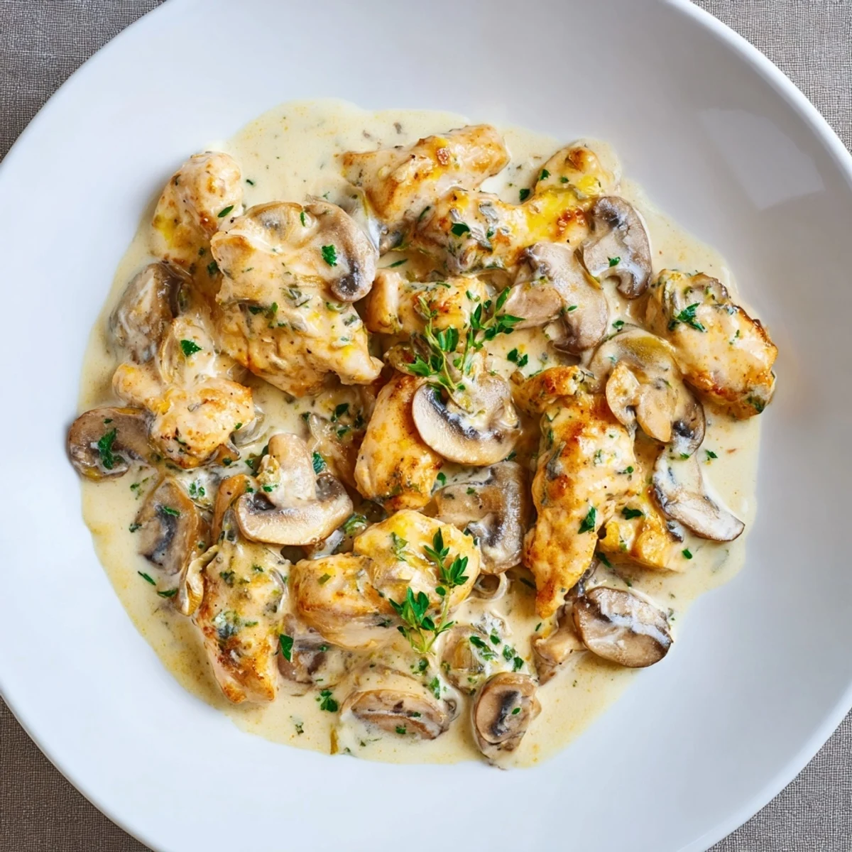 Sizzling Creamy Mushroom Chicken Skillet served hot, ideal over mashed potatoes or rice.