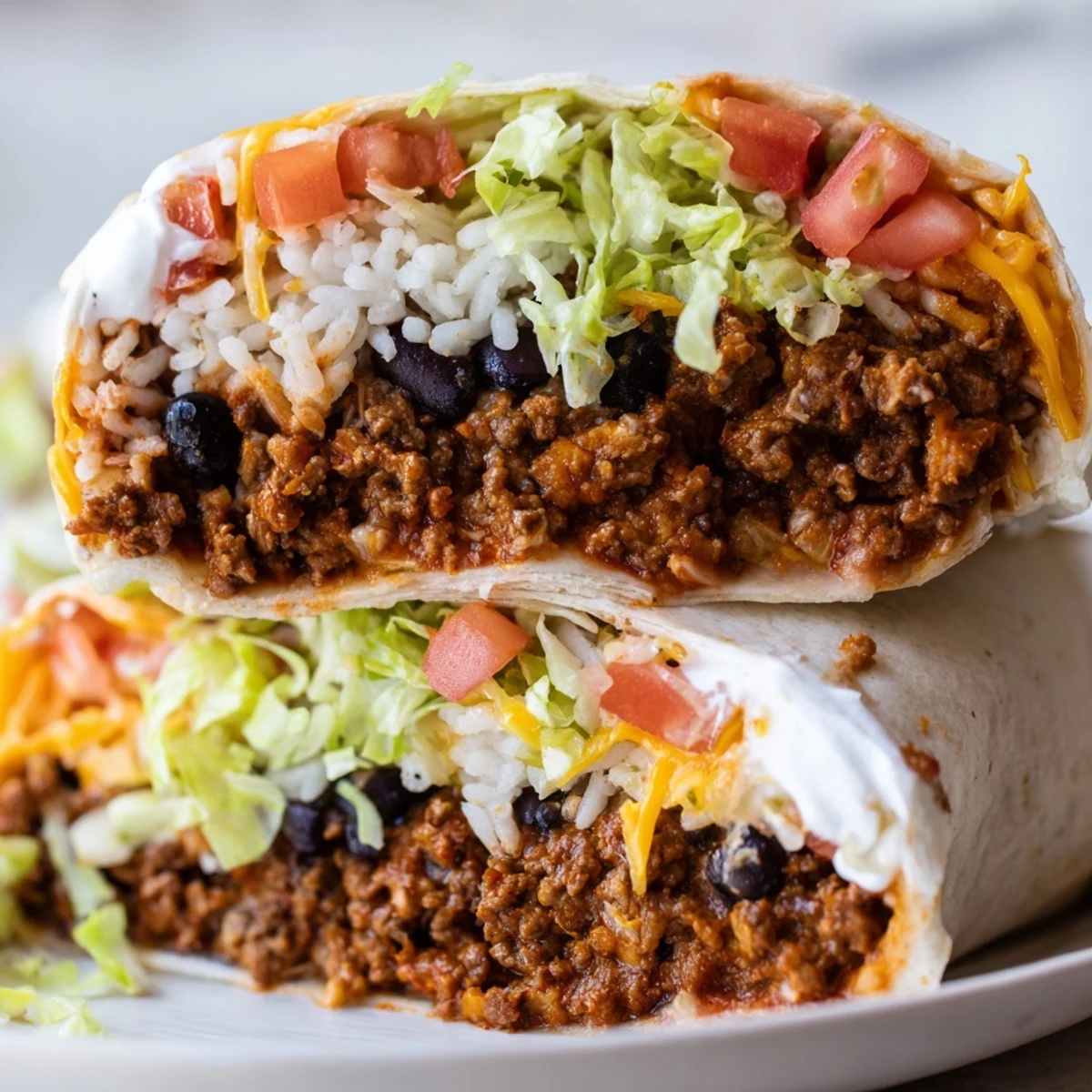 Close-up view of a sliced Beef Burrito with Beans and Rice revealing the layered filling and toppings inside.