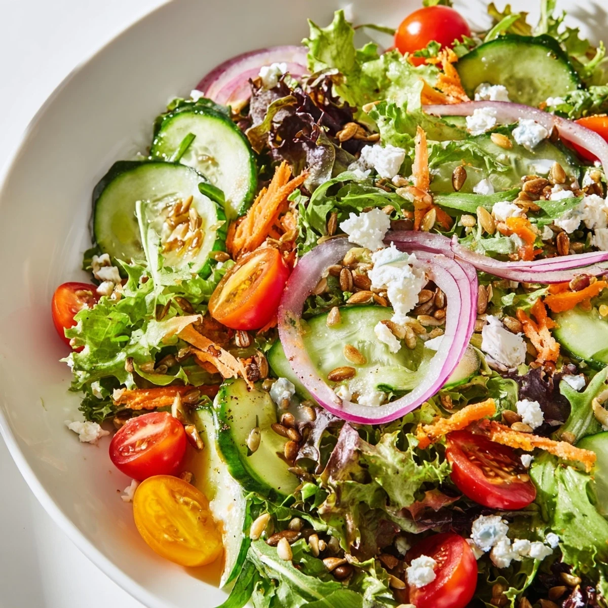 Spring Mix Salad with Vinaigrette tossed with bright red cherry tomatoes, crisp cucumbers, and creamy feta cheese in a wooden bowl.