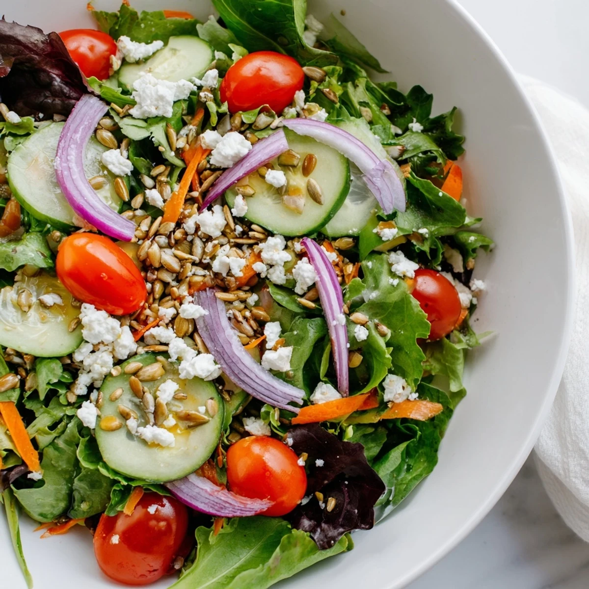 Spring Mix Salad with Vinaigrette topped with toasted sunflower seeds, served as a vibrant side dish on a rustic farmhouse table.