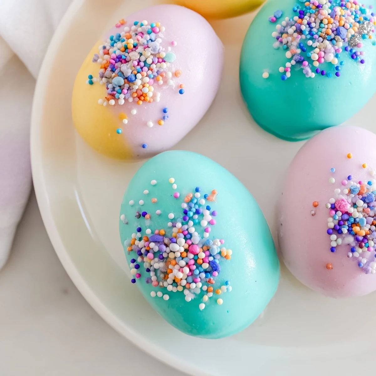 Colorful Easter Egg Cake Pops decorated with pastel sprinkles, perfect for festive spring celebrations on a dessert table.