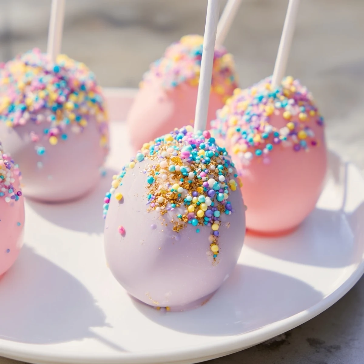 Sweet, coated Easter Egg Cake Pops on a tray with lollipop sticks, ideal for Easter treats and gatherings.
