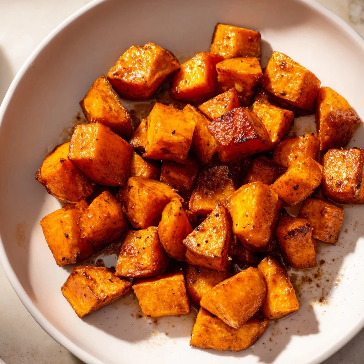 Cubed sweet potatoes seasoned with cinnamon and sea salt roasted to tender perfection on a lined baking sheet.