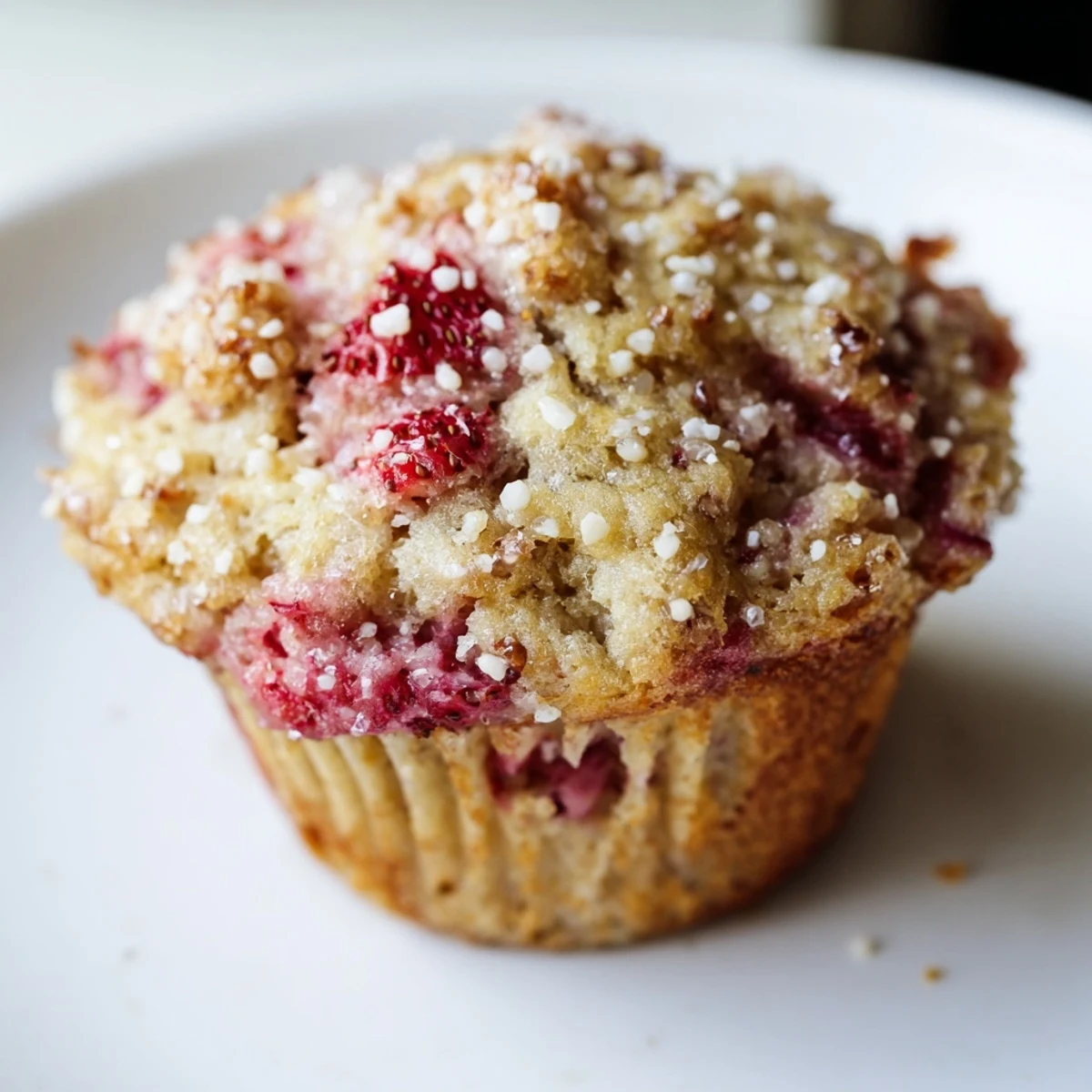 Warm Strawberry Rhubarb Muffins with sugary tops, fresh strawberries and tangy rhubarb baked inside.