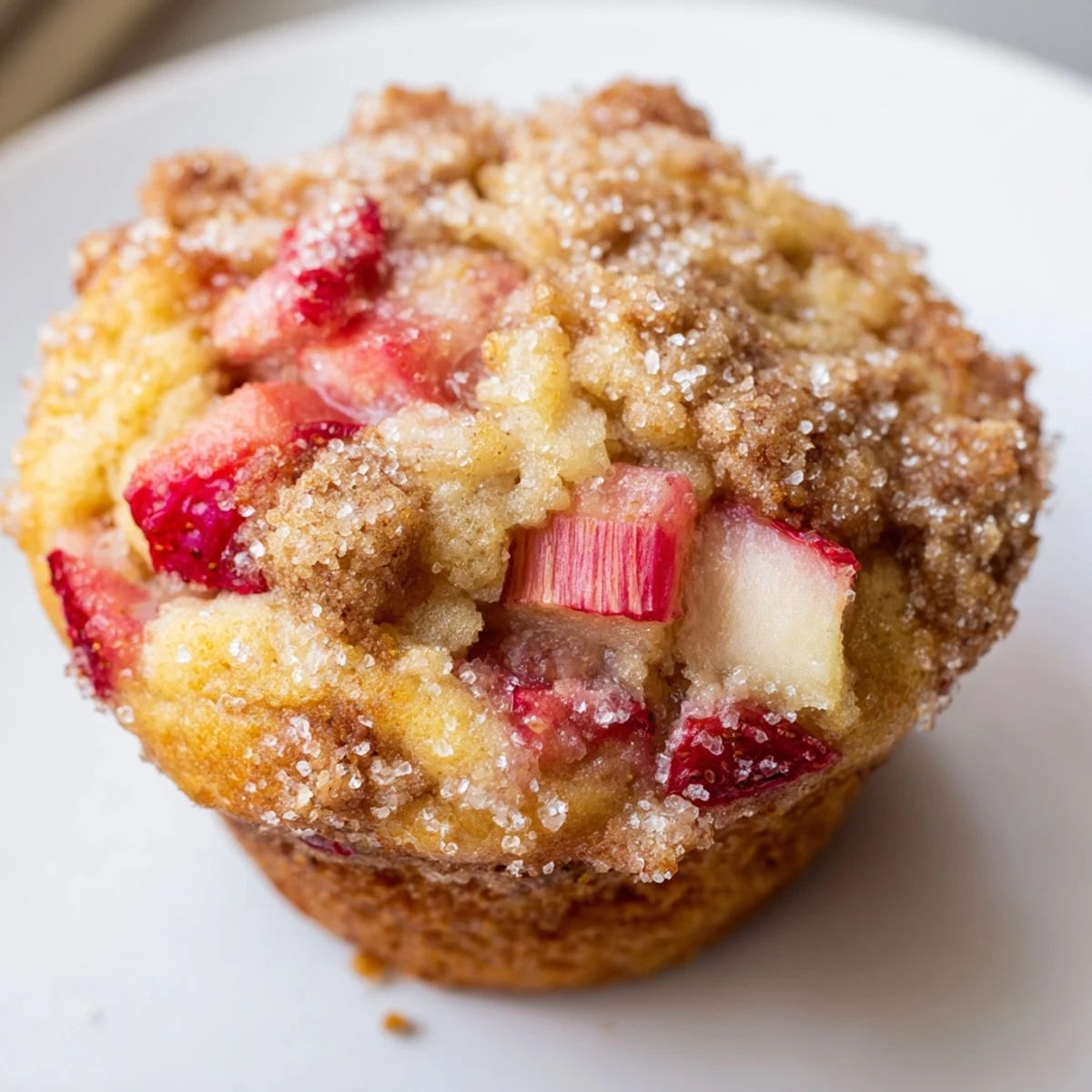 Freshly baked Strawberry Rhubarb Muffins cooling on a rack, bursting with sweet and tangy fruit.