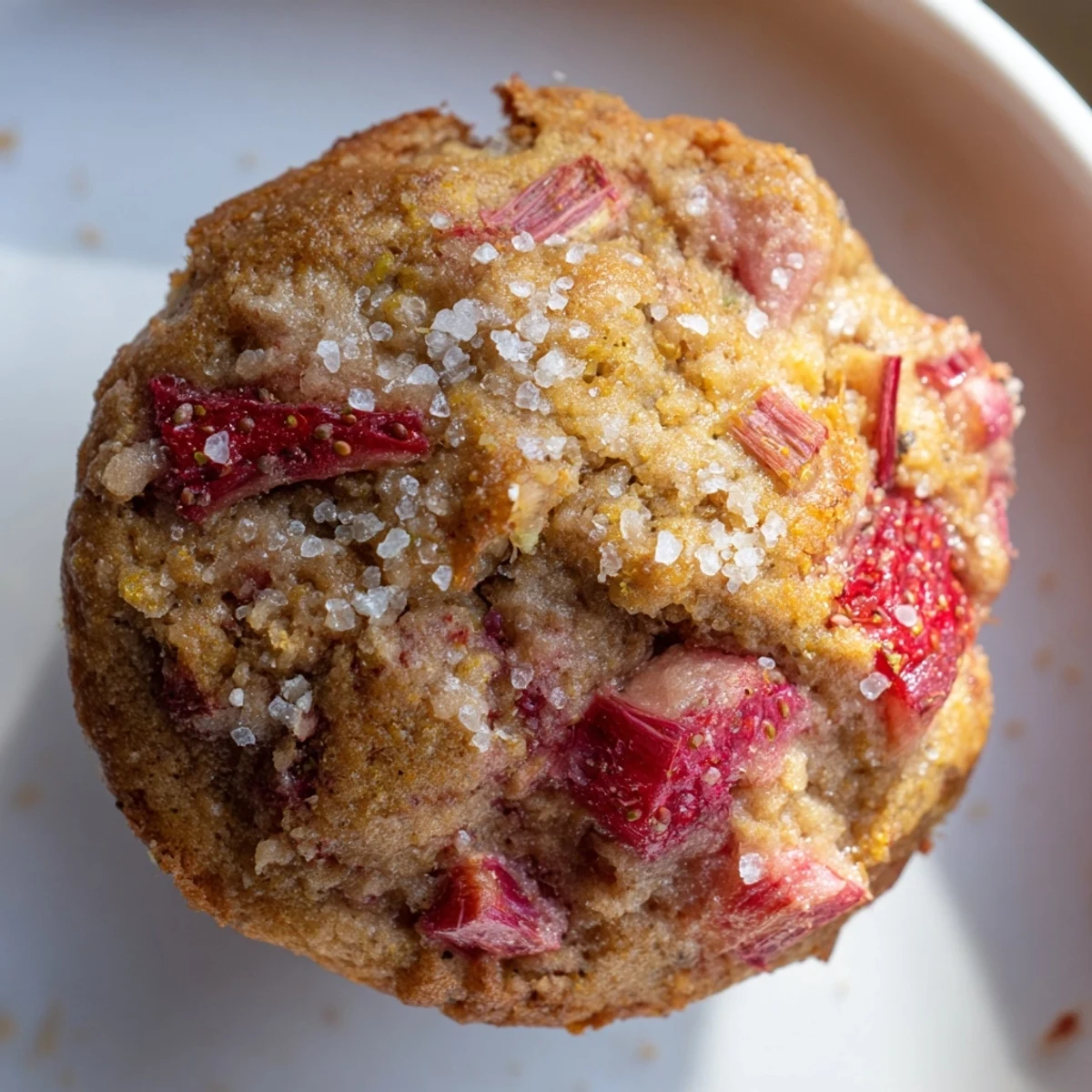 Golden Strawberry Rhubarb Muffins served warm with butter, perfect for breakfast or an afternoon snack.