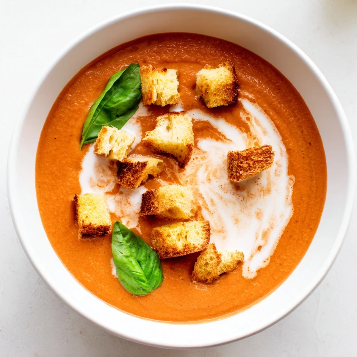 Warm Creamy Tomato Basil Bisque with Croutons in a white bowl, perfect for cozy weeknight dinners.