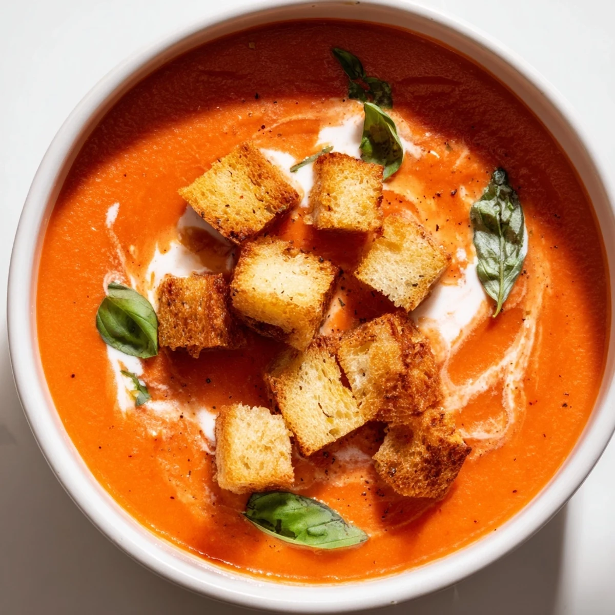 Creamy Tomato Basil Bisque with Croutons served steaming in a rustic bowl with fresh basil garnish.
