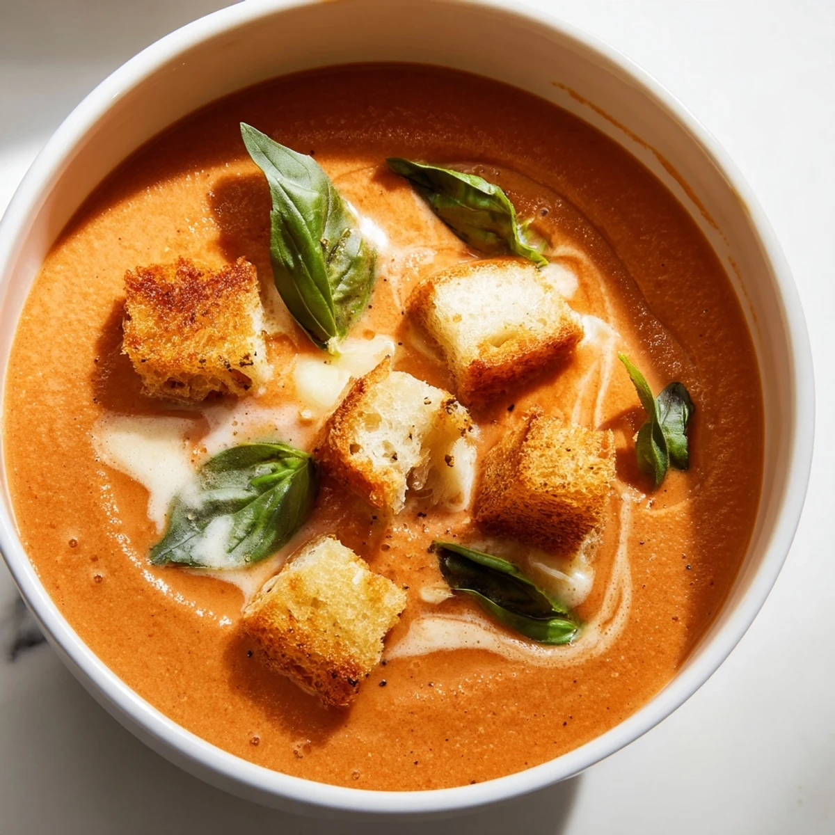 Close-up of Creamy Tomato Basil Bisque with Croutons topped with crispy croutons and a cream swirl.