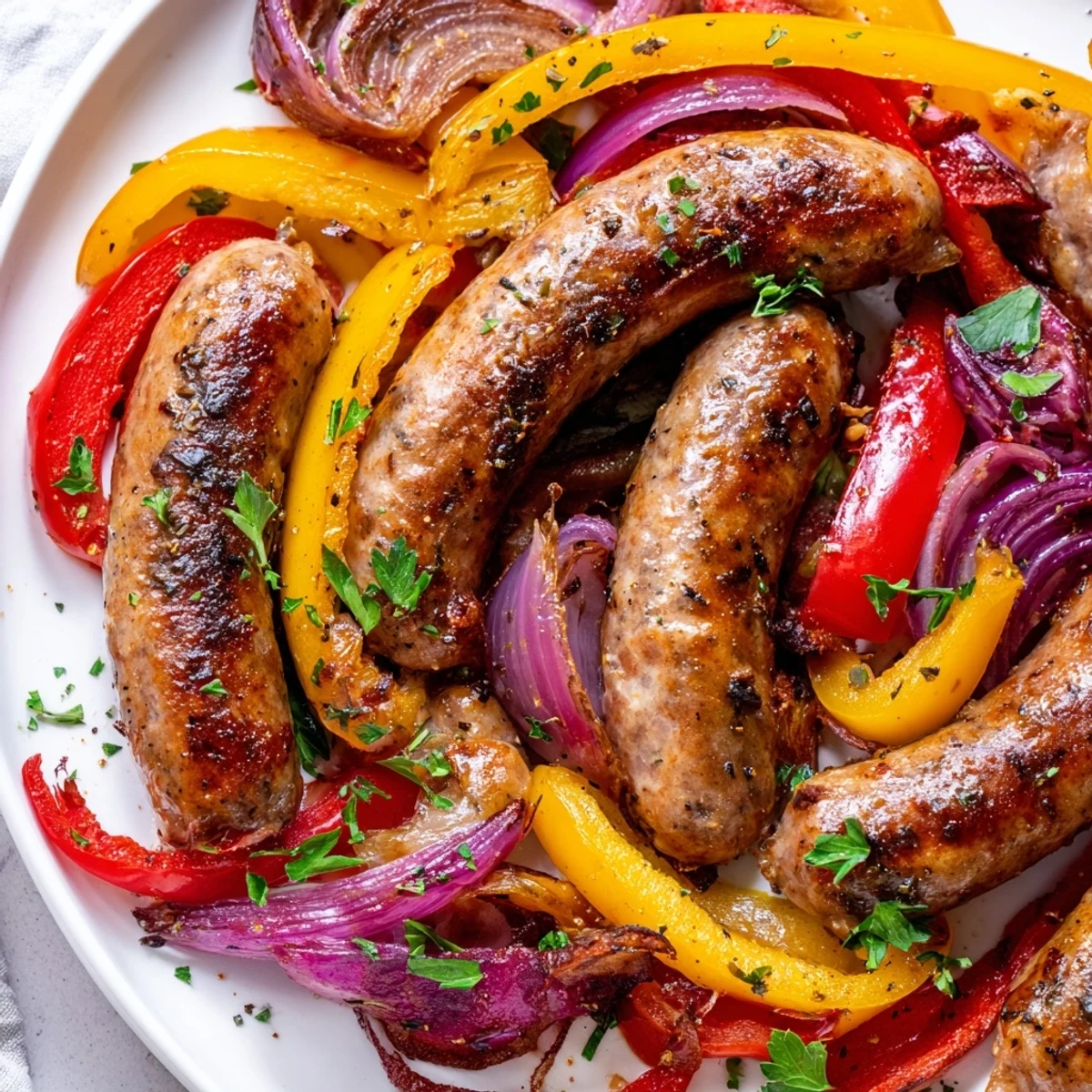 Golden roasted Sheet Pan Sausage and Peppers with caramelized onions on a large baking sheet.