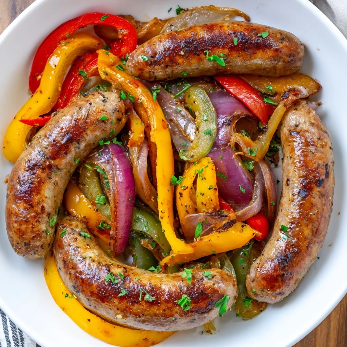A close view of the Sheet Pan Sausage and Peppers sizzling with colorful bell pepper slices.