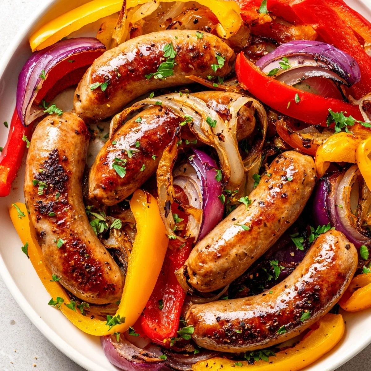 Family-style Sheet Pan Sausage and Peppers served on a platter with fresh parsley garnish.