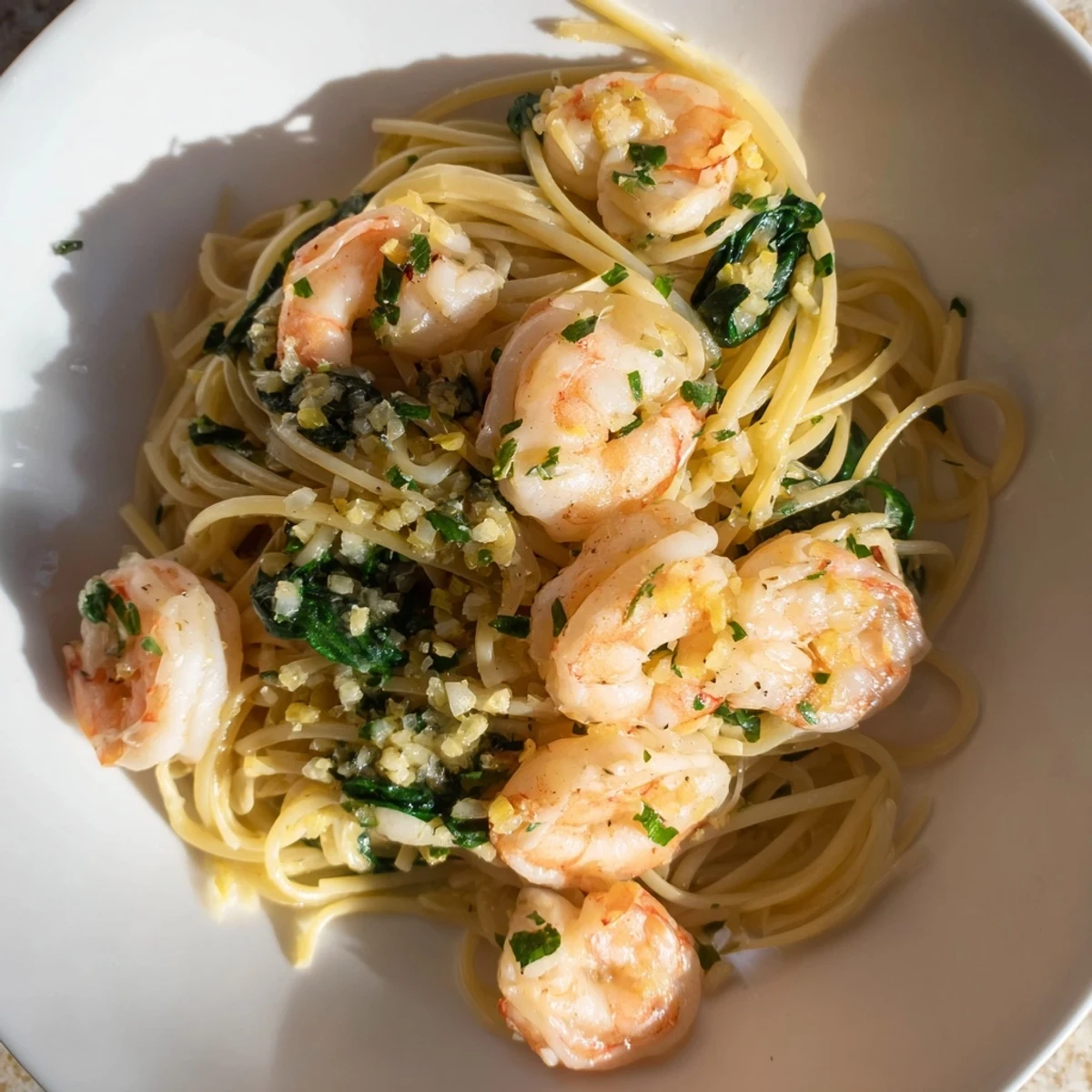A close-up of Lemon Garlic Shrimp Pasta with Spinach, featuring glistening shrimp and wilted greens over spaghetti.