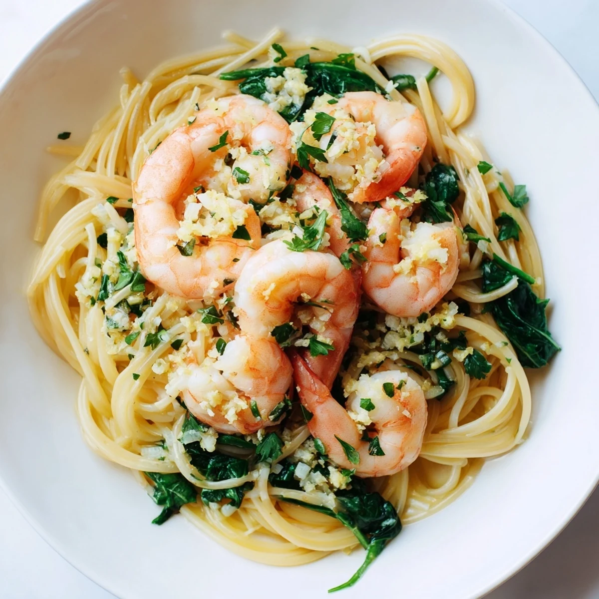 In a white bowl, Lemon Garlic Shrimp Pasta with Spinach shines with lemon zest, olive oil, and fresh parsley garnish.