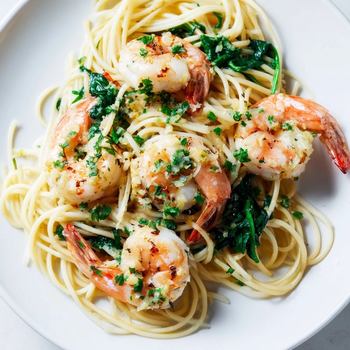 An overhead view of Lemon Garlic Shrimp Pasta with Spinach plated beside lemon wedges and a glass of white wine.