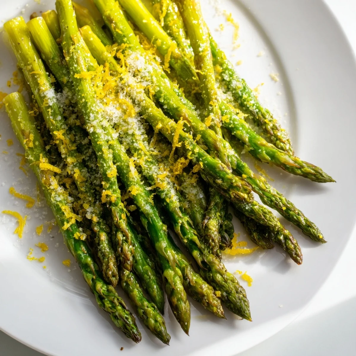 A close-up of Roasted Asparagus with Parmesan and Lemon showing crispy tips and melted cheese.
