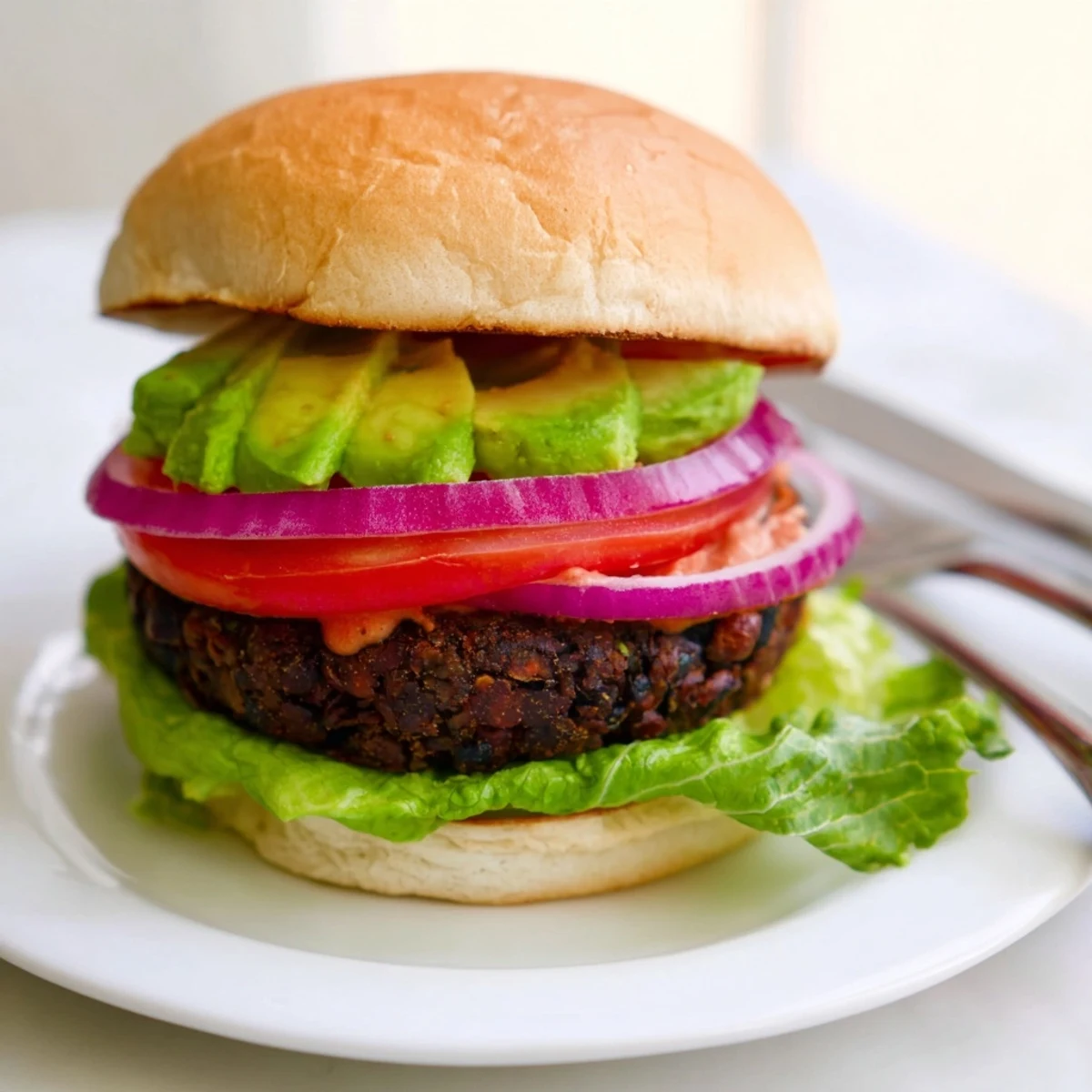 A close-up of the Vegan Black Bean Burger with Chipotle Mayo, showing a toasted bun, creamy spread, and fresh avocado slices.