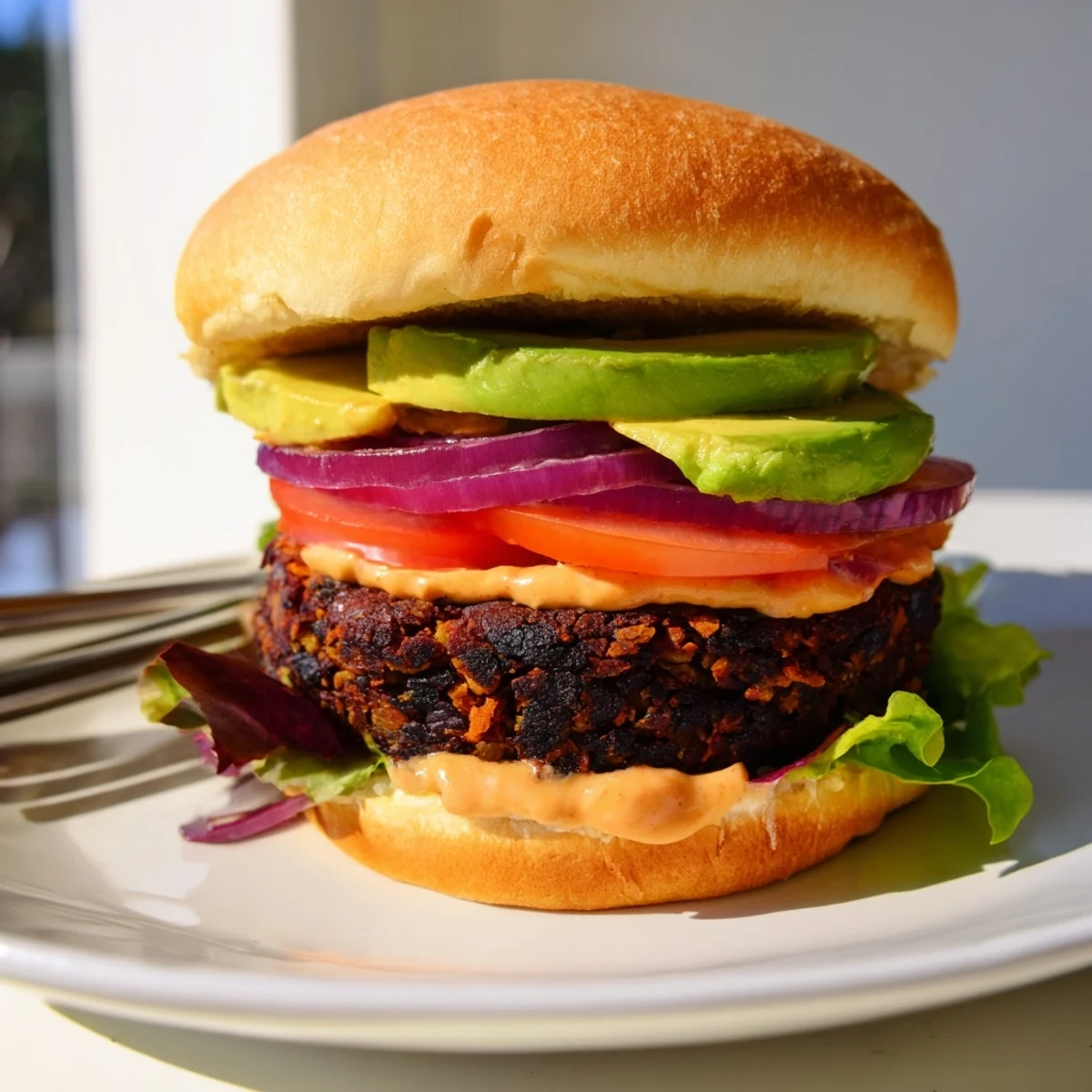 The Vegan Black Bean Burger with Chipotle Mayo sits on a rustic board beside sweet potato fries and crisp lettuce.