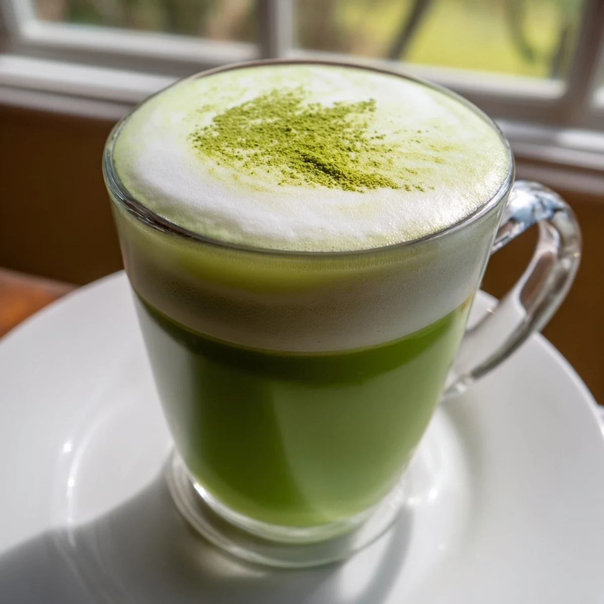 Creamy green matcha latte with almond milk poured into a clear glass mug, showing its vibrant color and soft foam top. 