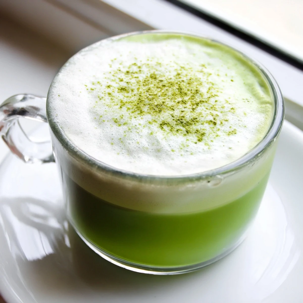 Steaming matcha almond milk latte garnished with a light dusting of green matcha powder for a cozy morning beverage. 