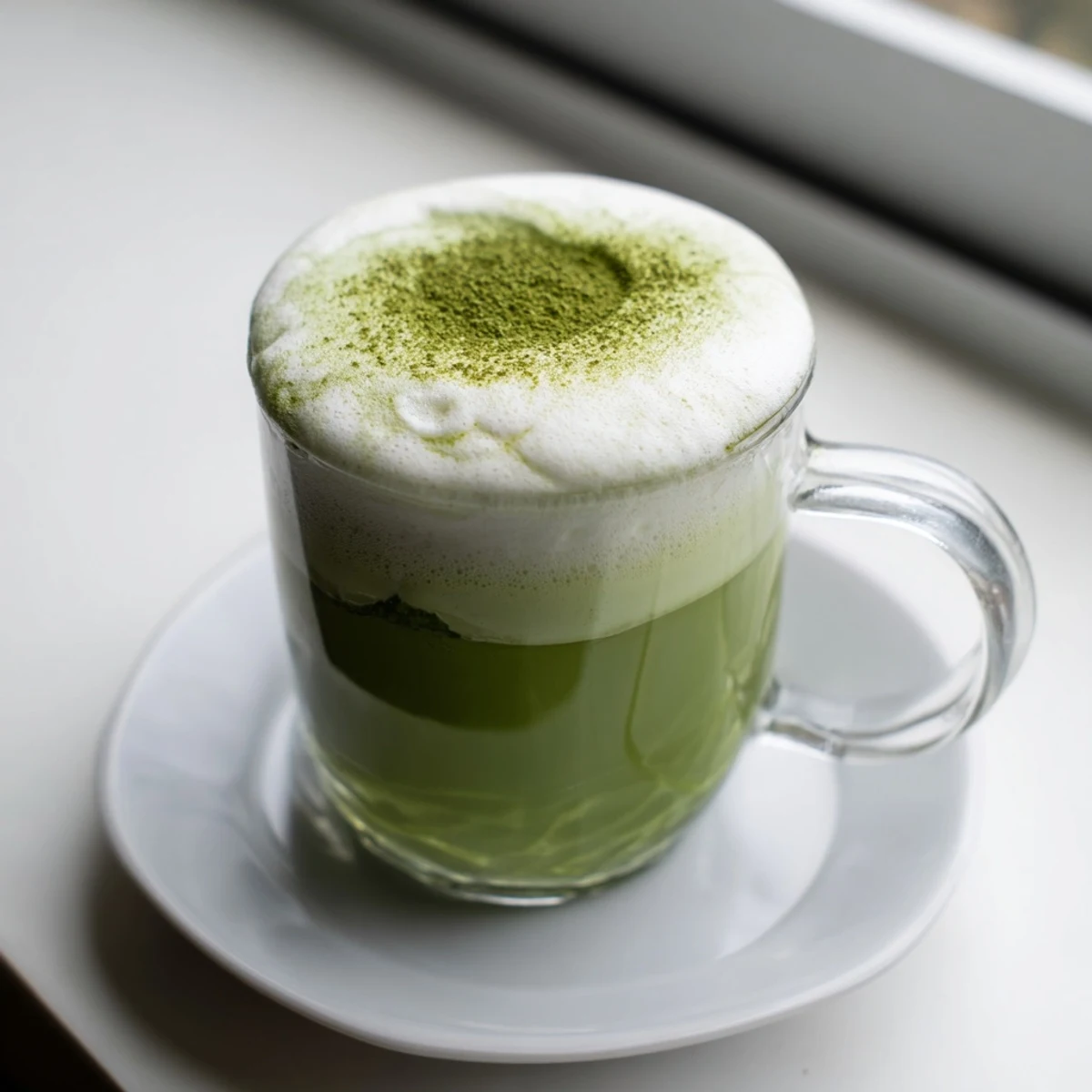 Homemade vegan matcha latte with almond milk in a rustic mug, served with a bamboo whisk and small bowl.