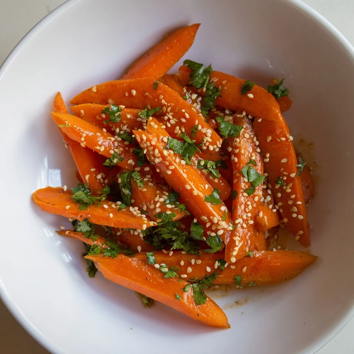 A close-up photo of Roasted Carrots with Maple and Cumin, showing tender orange slices with a glossy caramelized glaze and flecks of earthy spice, served warm on a white platter.