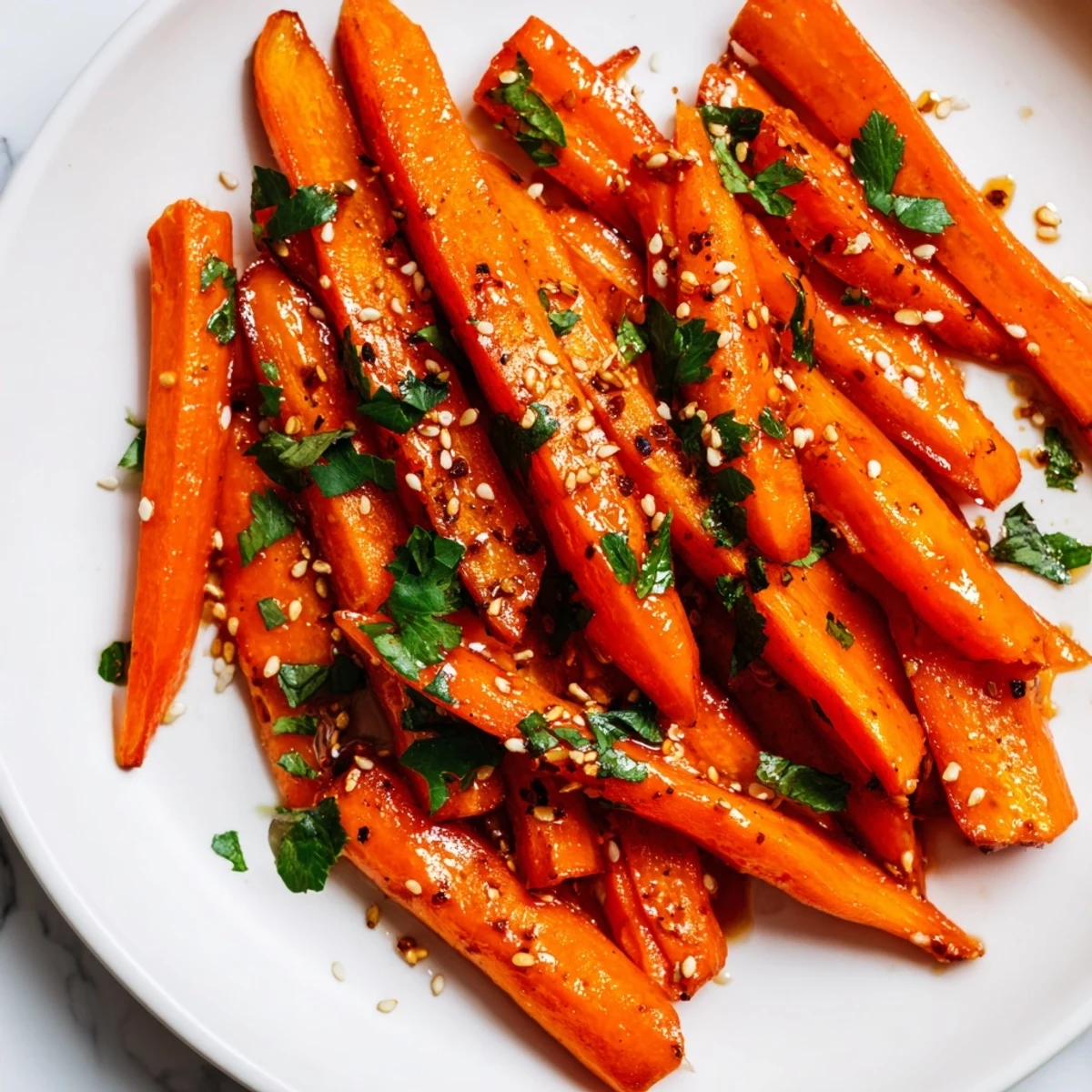 Overhead view of Roasted Carrots with Maple and Cumin, featuring vibrant carrot sticks with roasted edges and a sweet, savory aroma, perfect for a healthy vegetarian side dish.