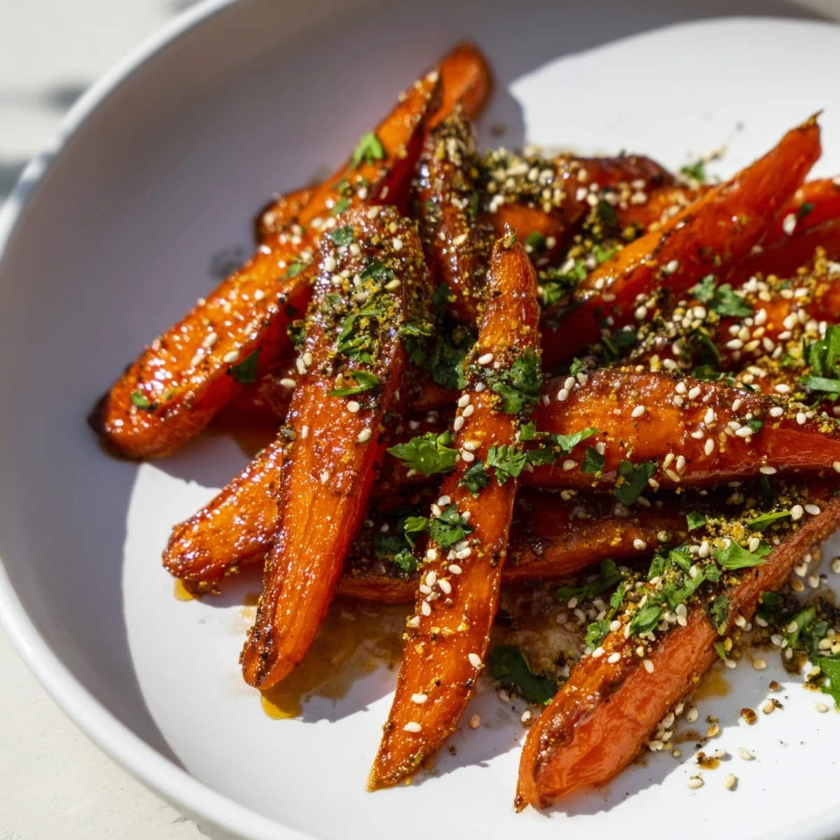 Golden Roasted Carrots with Maple and Cumin arranged on a rustic wooden board, garnished with fresh parsley and sesame seeds, ready to be served alongside a roasted chicken dinner.