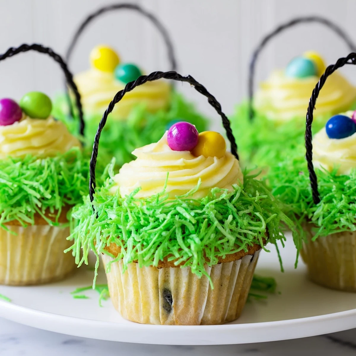 Freshly baked Easter Basket Cupcakes topped with sweet green coconut grass and colorful candy eggs.