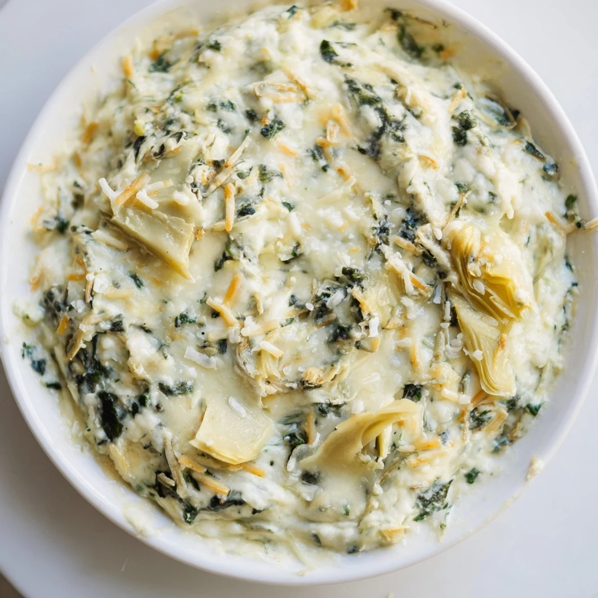 A close-up of homemade Creamy Spinach and Artichoke Dip, golden and bubbly, served warm in a rustic dish with tortilla chips for dipping.