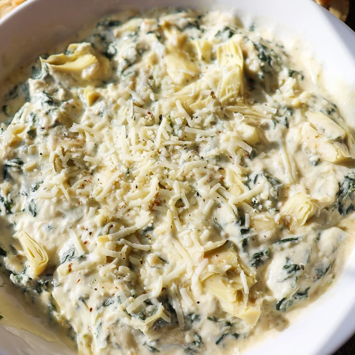 A bowl of freshly baked Creamy Spinach and Artichoke Dip, featuring tender spinach and artichoke hearts, with a serving spoon ready for a party appetizer.