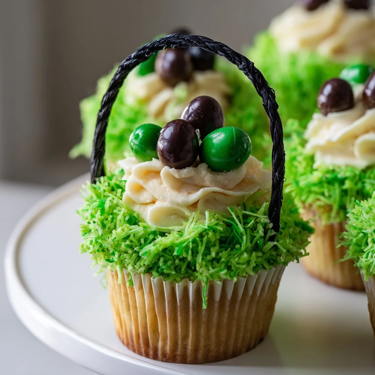 Twelve Easter Basket Cupcakes topped with bright green coconut grass and colorful candy eggs arranged in a muffin tin.
