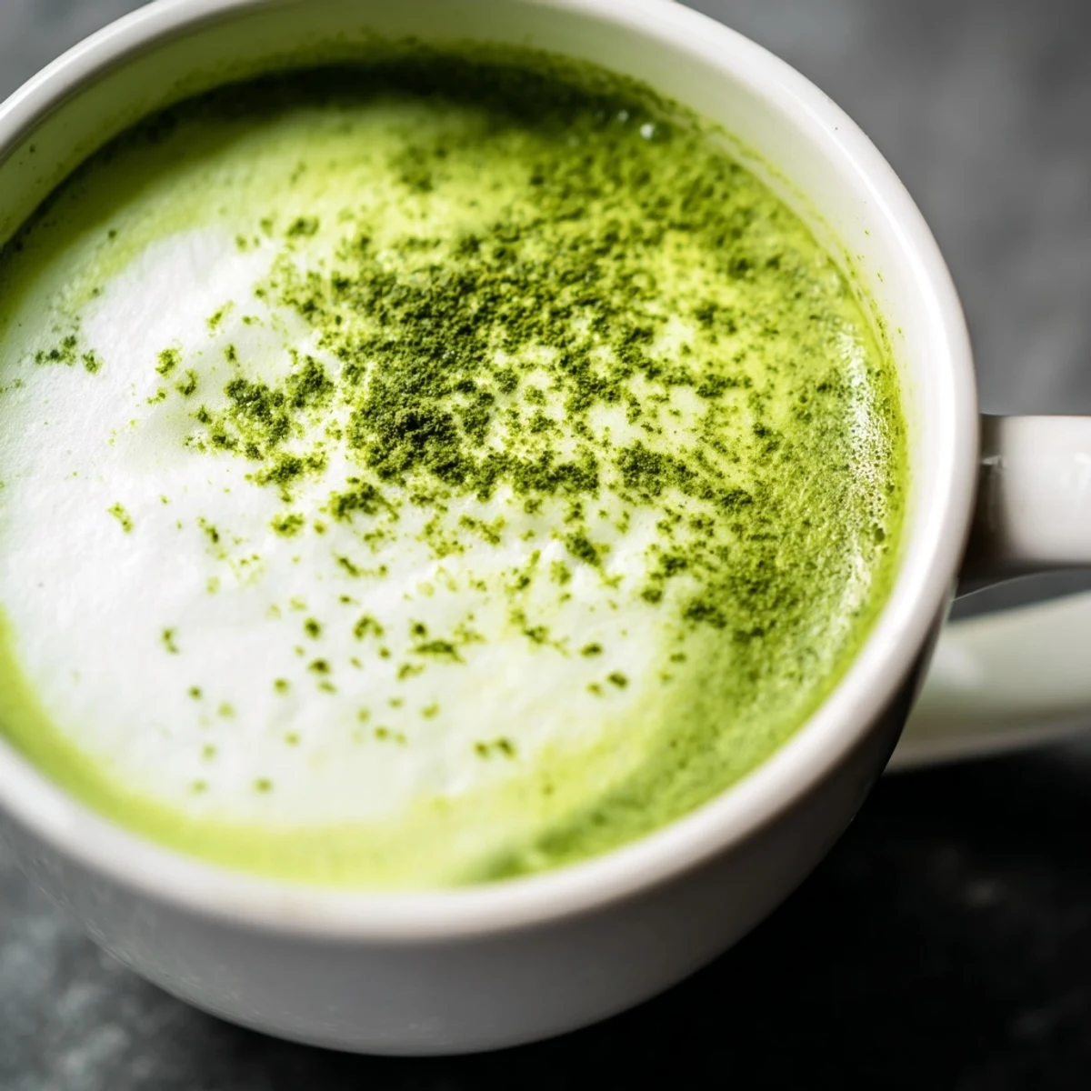 A warm, creamy cup of green matcha latte with almond milk beside a bamboo whisk and a small bowl of matcha powder.