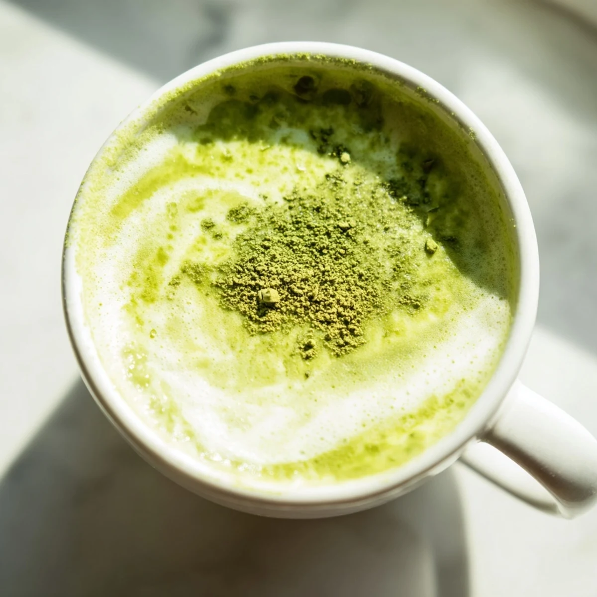 Frothy vegan matcha latte with almond milk served iced in a tall glass, garnished with ice cubes and a drizzle of maple syrup.