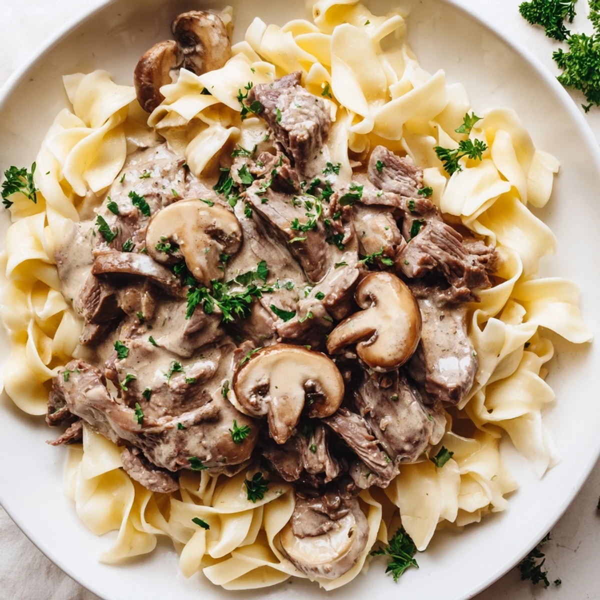 A comforting family dinner with Beef Stroganoff and egg noodles ready in 45 minutes.